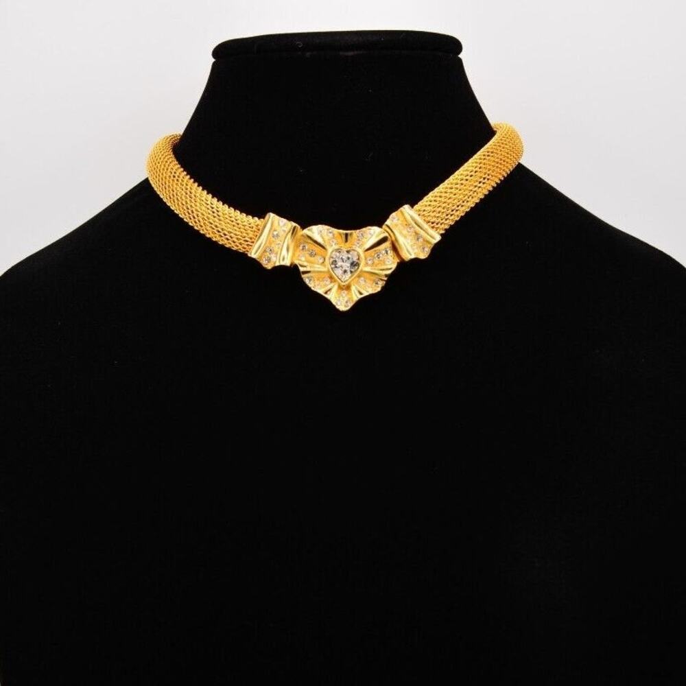 Givenchy Vintage Crystal Heart Choker Necklace Brushed Gold NOS Signed 80s Bin7A - Picture 2 of 12